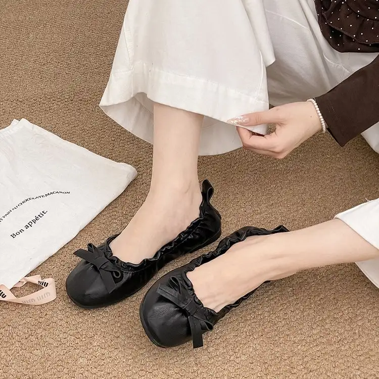 Vintage Bow Round Toe Low-cut Women Flat Shoes, Versatile Ballet Flats