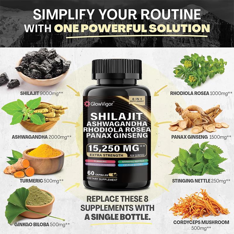 Herbal supplement with Shilajit and Ginseng, Nature's Synergy Formula containing Shilajit Pure Himalayan, Ashwagandha, Rhodiola Rosea, Panax Ginseng, Gingko Biloba, Turmeric, Stinging Nettle, Cordyceps Mushroom, and more in one capsule. Designed for both 