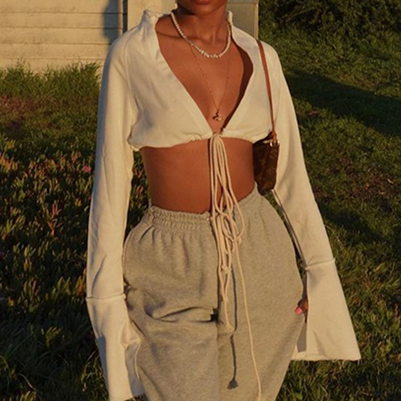 V-neck Drawstring Tie Short Long-sleeved Top