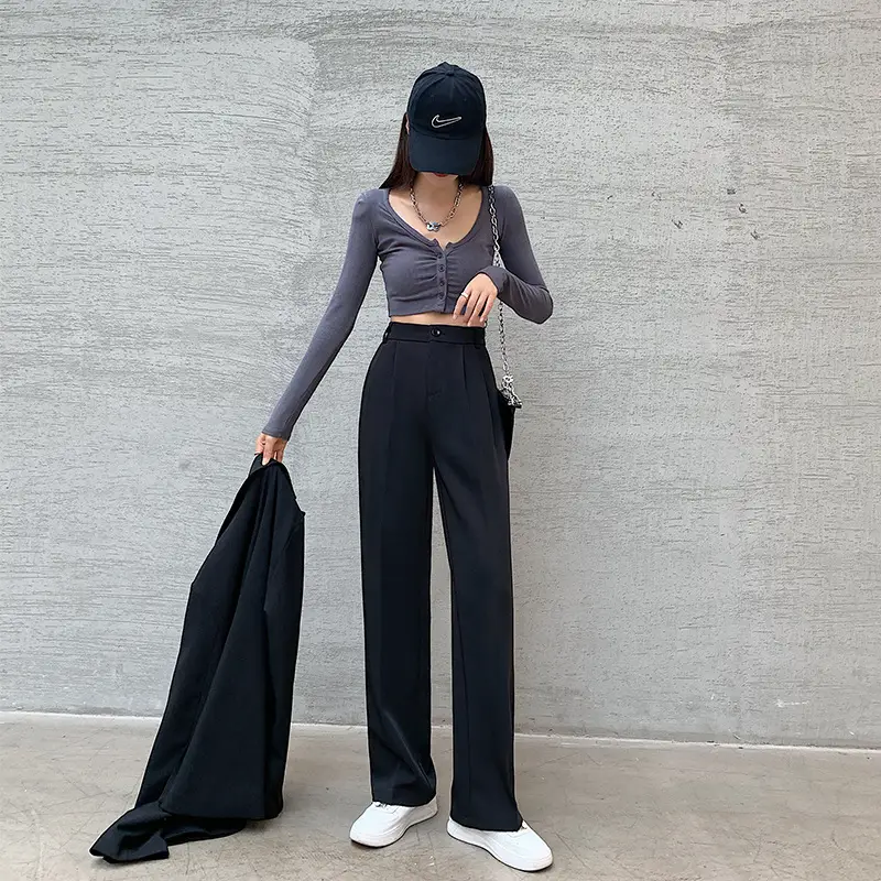 Loose Casual Khaki Straight-Leg Mop Pants