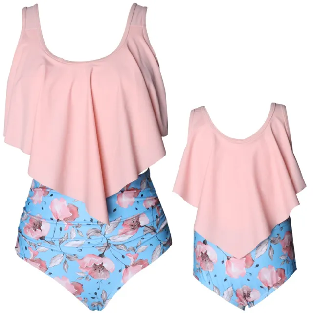 Split Swimsuit Female Printed High Waist Bikini With Ruffled Parent child Swimwear Pink - Shop at LoveMi