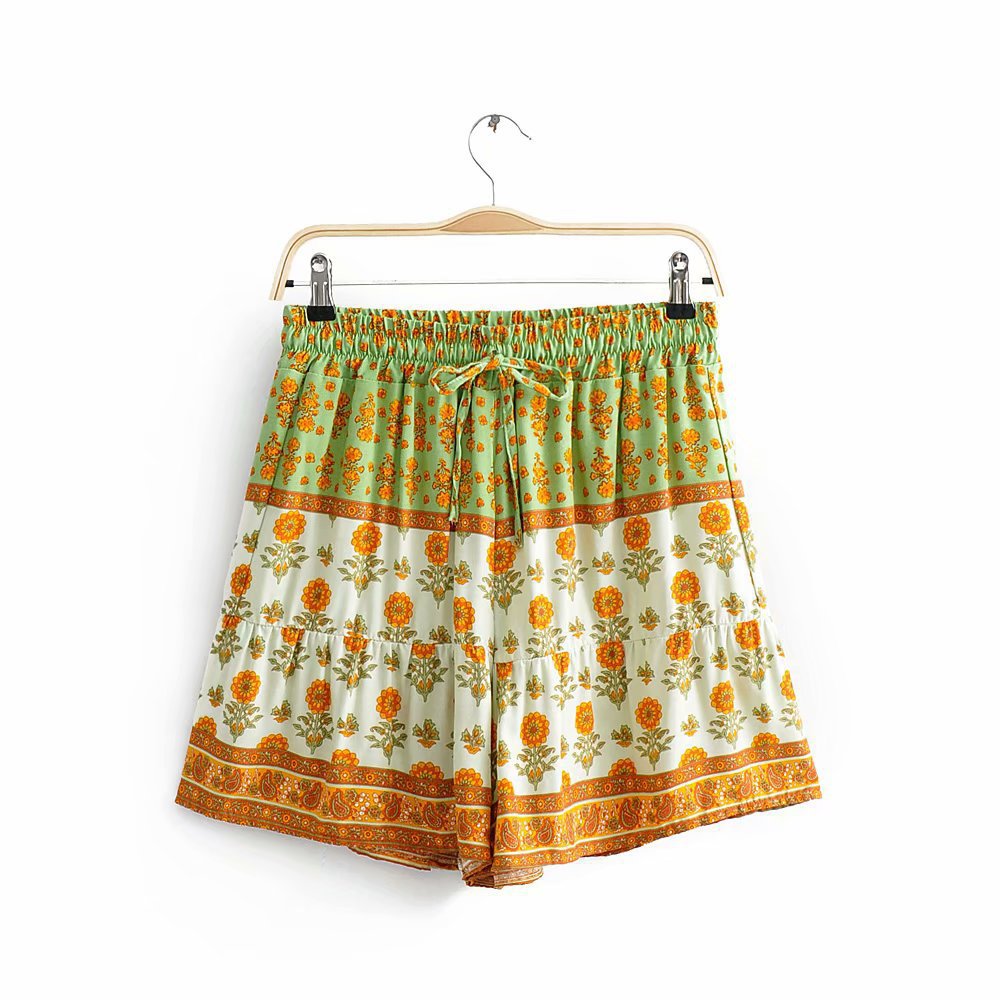 Spring Summer Two Tone Printed Shorts Elastic Waist Strap Green - Shop at LoveMi