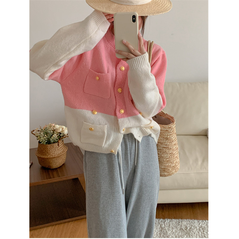 Gold Color Matching Knitted Short Coat Women