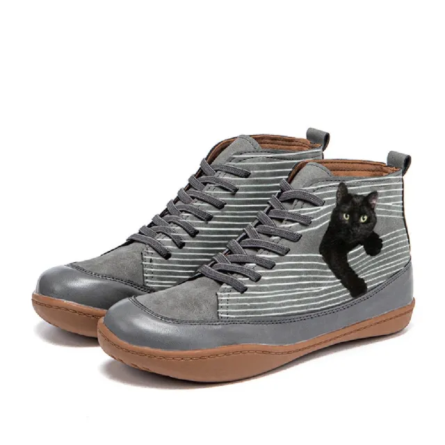 Cat Print Round Toe Ankle Boots Lace Up Casual Flat Shoes Autumn And Winter Fashion Women's Boots Footwear Grey - Shop at LoveMi