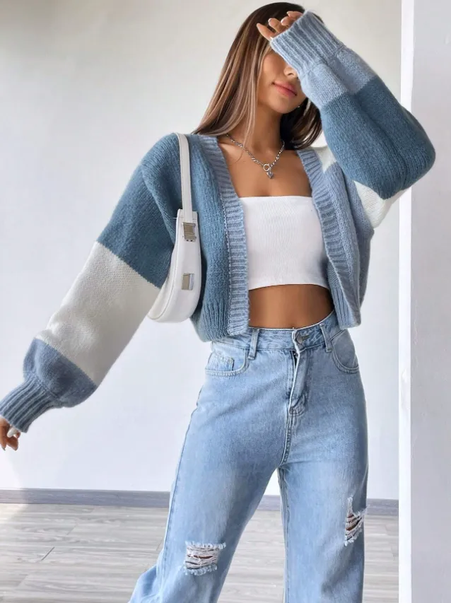 Flirla Colorblock Drop Shoulder Duster Cardigan,Long Sleeve Tops - Blue