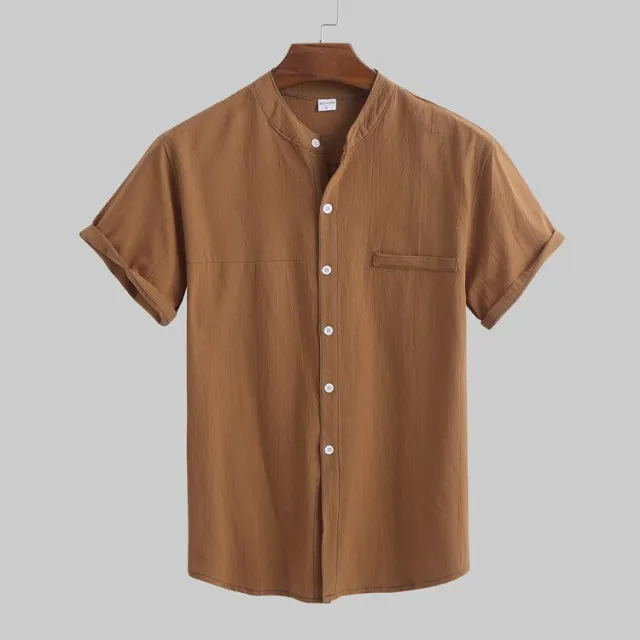 Linen Shirt Men's Short Sleeved Standing Collar Tan - Shop at LoveMi