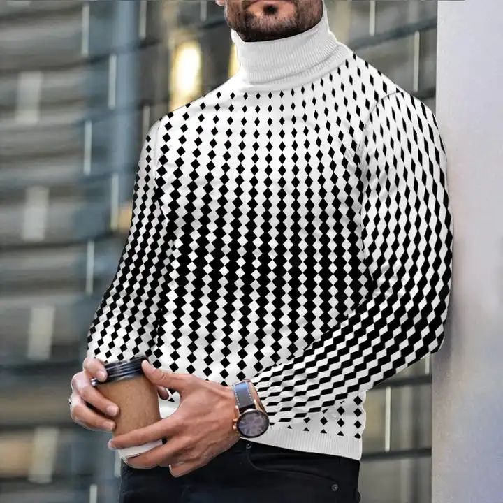 Autumn Winter Men's Long Sleeve Turtleneck T Shirt Printed Casual Top