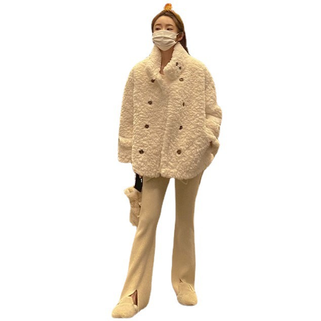 Loose Thick Double-breasted Faux Lamb Wool Coat