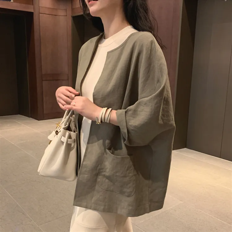 Women's Retro Plus Size Colourblock Simple Cotton Linen T-shirt - Light Grey