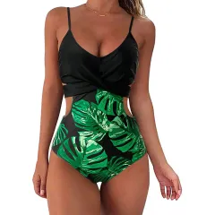 One Piece Swimsuit Crossover Leopard Print Sexy Backless Swimsuit - Dark Green - View 1