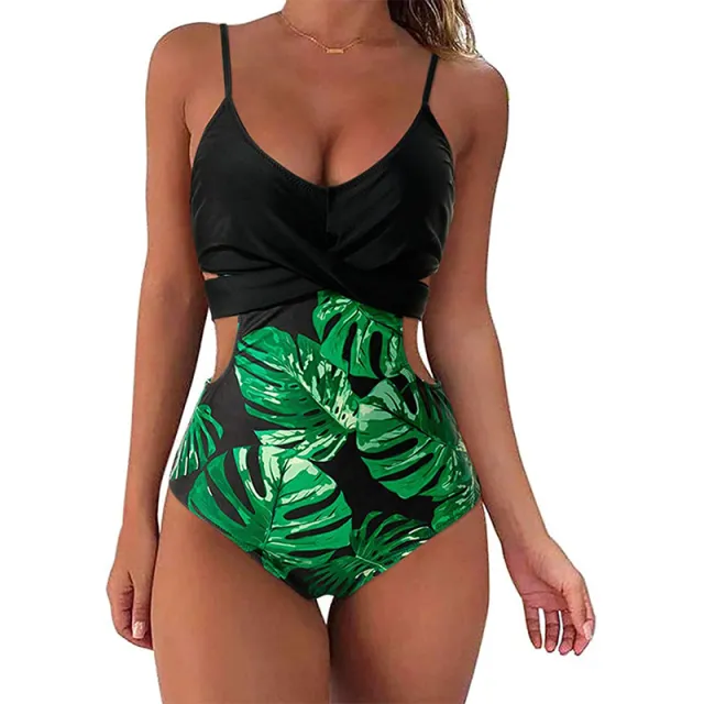 One Piece Swimsuit Crossover Leopard Print Sexy Backless Swimsuit Dark Green - Shop at LoveMi