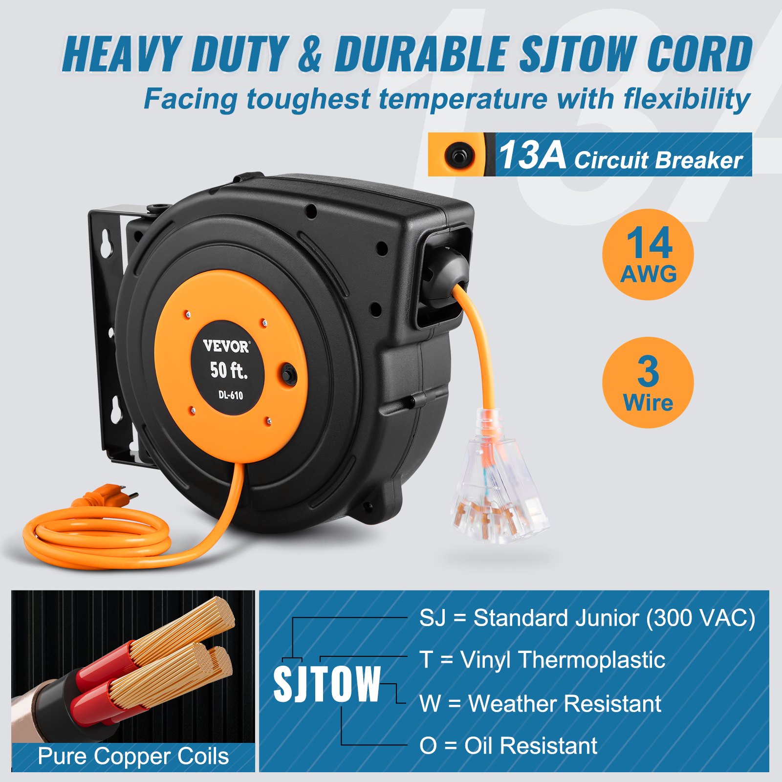 VEVOR 50ft Retractable Extension Cord Reel 14AWG 3CSJTOW Power Cord Reel image 2
