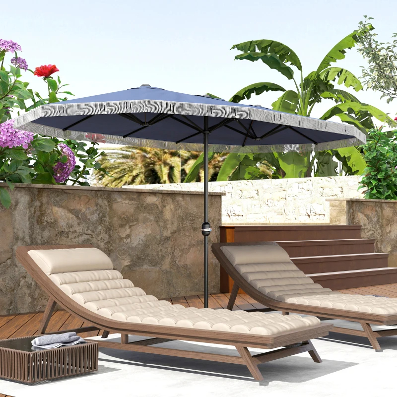 15ft Rectangle Patio Umbrella UPF30 Extra Large Outdoor Umbrella With Fringe And Crank Handle, Dark Blue