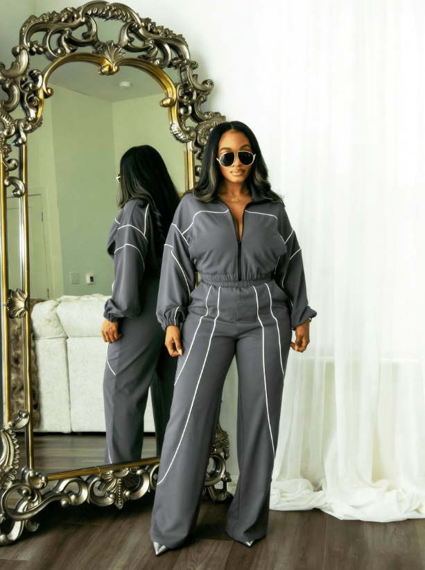 American Hot Girl Contrast-Stitch Zip-Up Jacket & Wide-Leg Pants Set