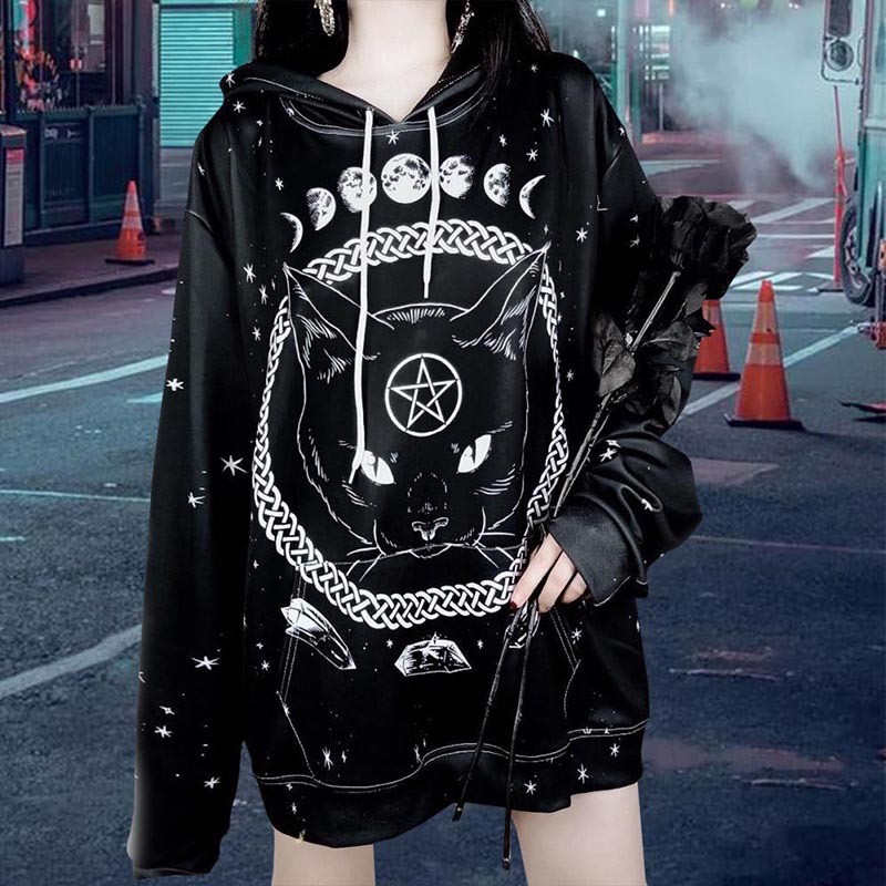 Title 5, Street Gothic Cat Print Loose Hooded Sweater