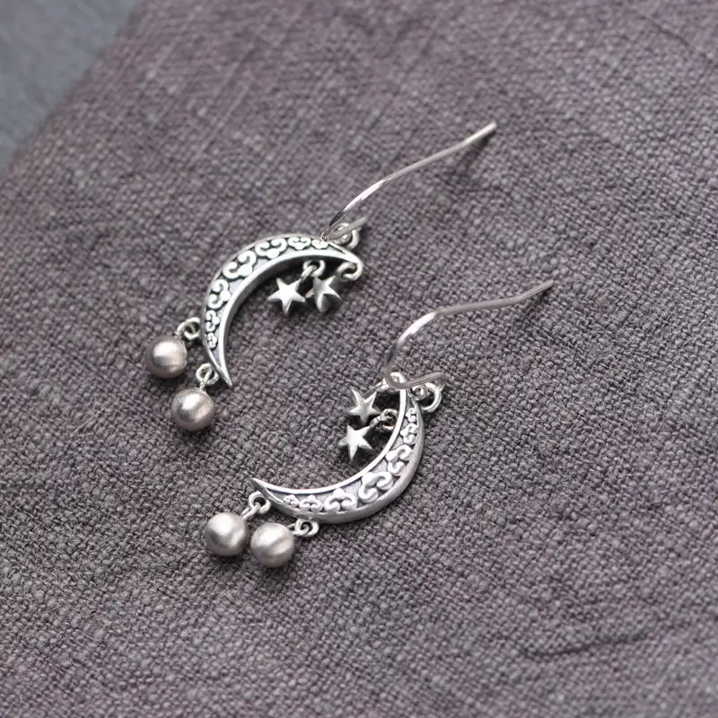 S925 Silver Retro Fashion Artistic Temperament Silver Bead Fringe Earrings Star Crescent Pendant