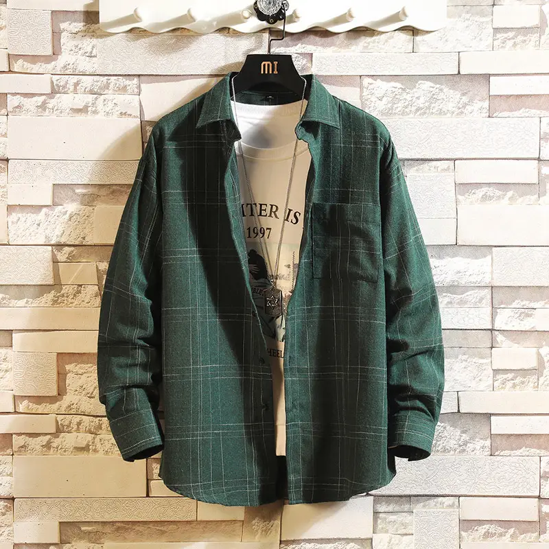 Men's Loose Men's Plaid Long-sleeved Printed Shirt