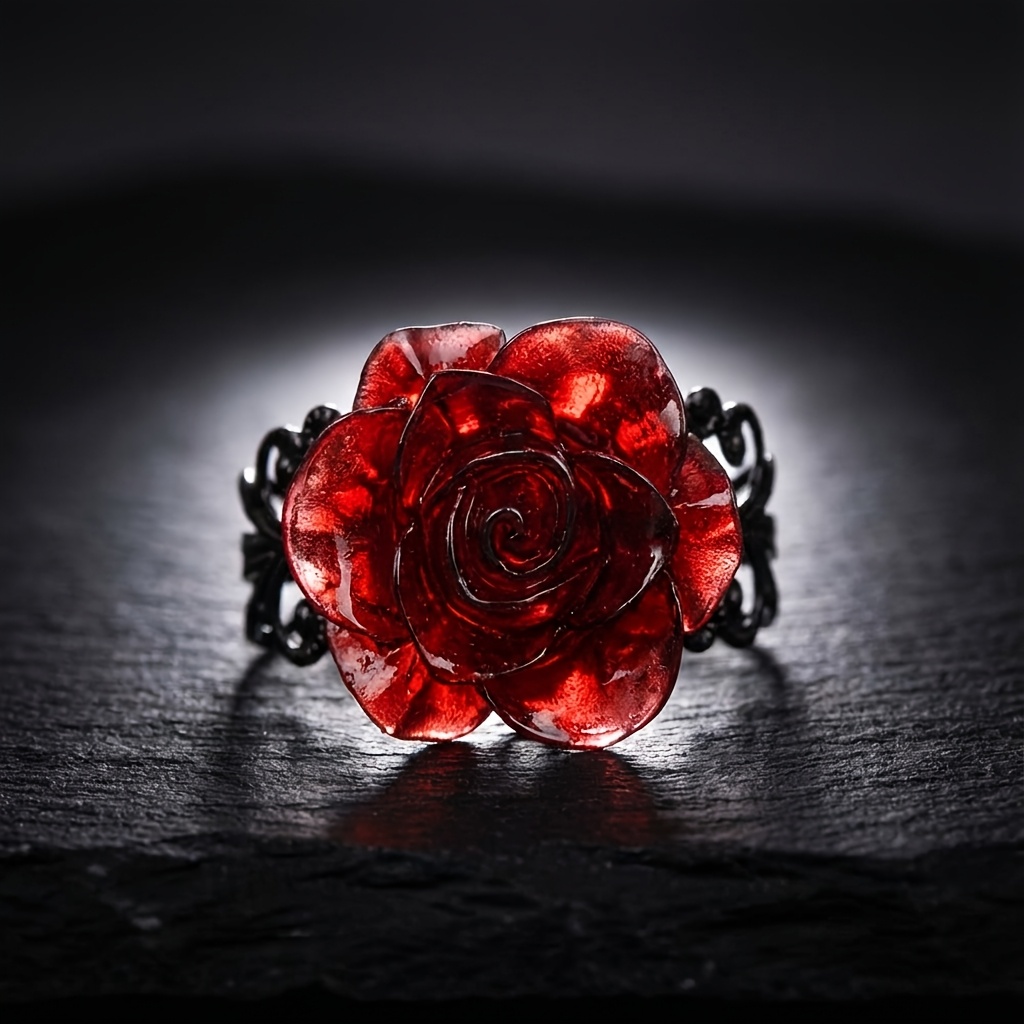 1 Piece Of Gothic Vintage Dark Red Rose Open Ring For Women. This Alloy Ring Features Victorian Style, Punk Dark Aesthetic, And Exquisite Floral Carving Details