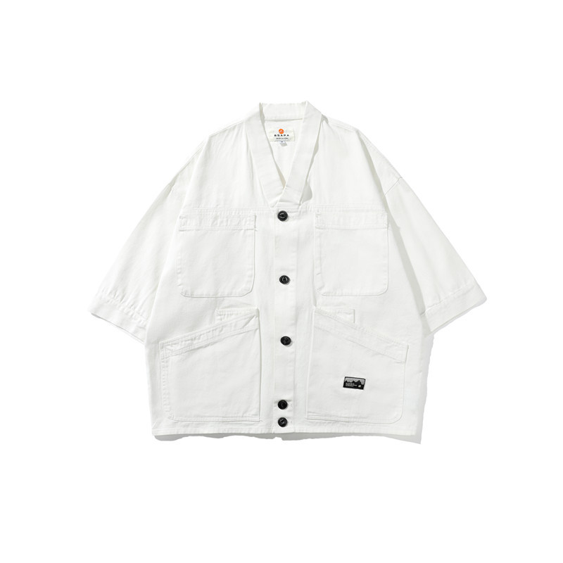 Men And Women Solid Color Retro Robe Stand Collar Cardigan Short Sleeve