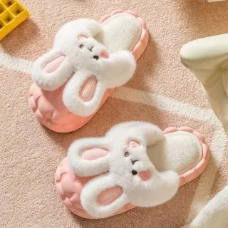 Cute Rabbit Shoes Winter Fuzzy Slippers Women Detachable Washable House Shoes - Pink