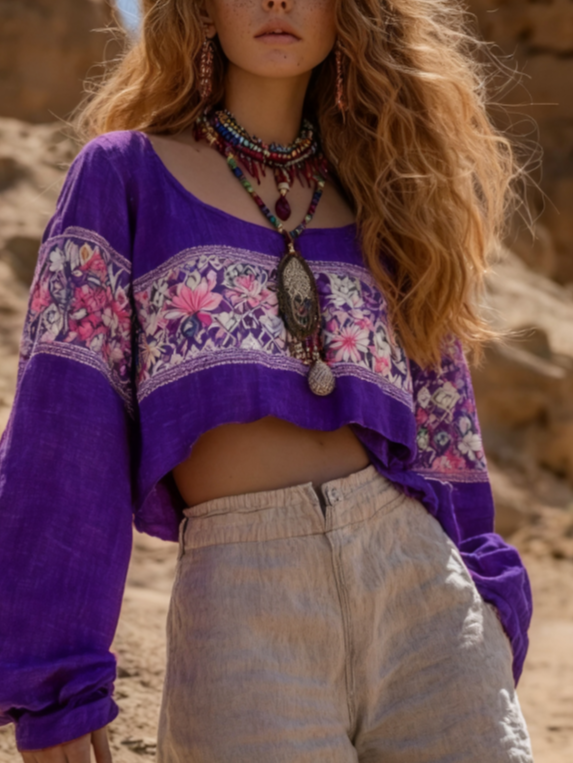 Women's Bohemian Retro Round Neck Long Sleeve Loose Short Top