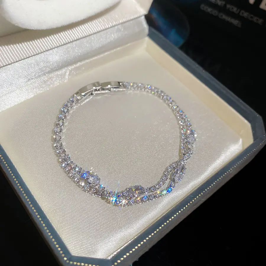 18K Gold Plated Minimalist Double Layer Round Zircon Bracelet Luxury Elegant Bangle Premium Fashion Wrist Jewelry