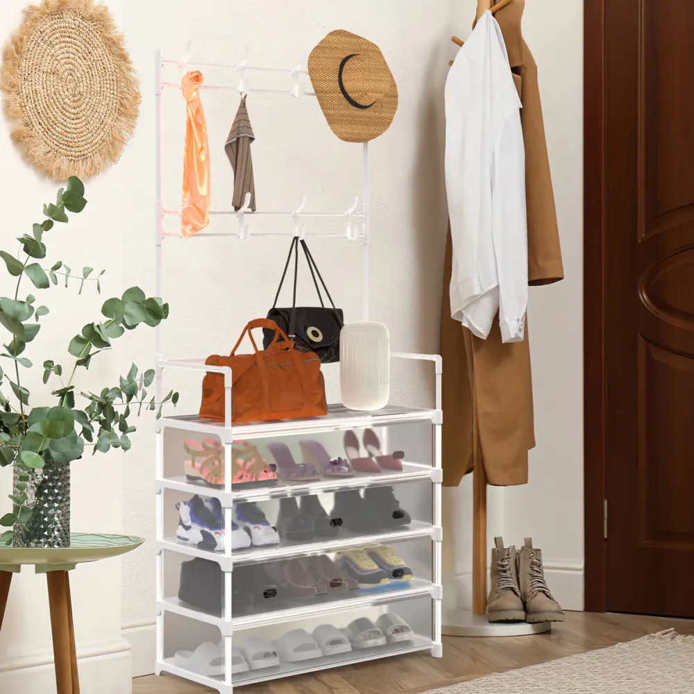 5 Tier Shoe Rack With Coat Rack For Front Door Bedroom Entrance - White
