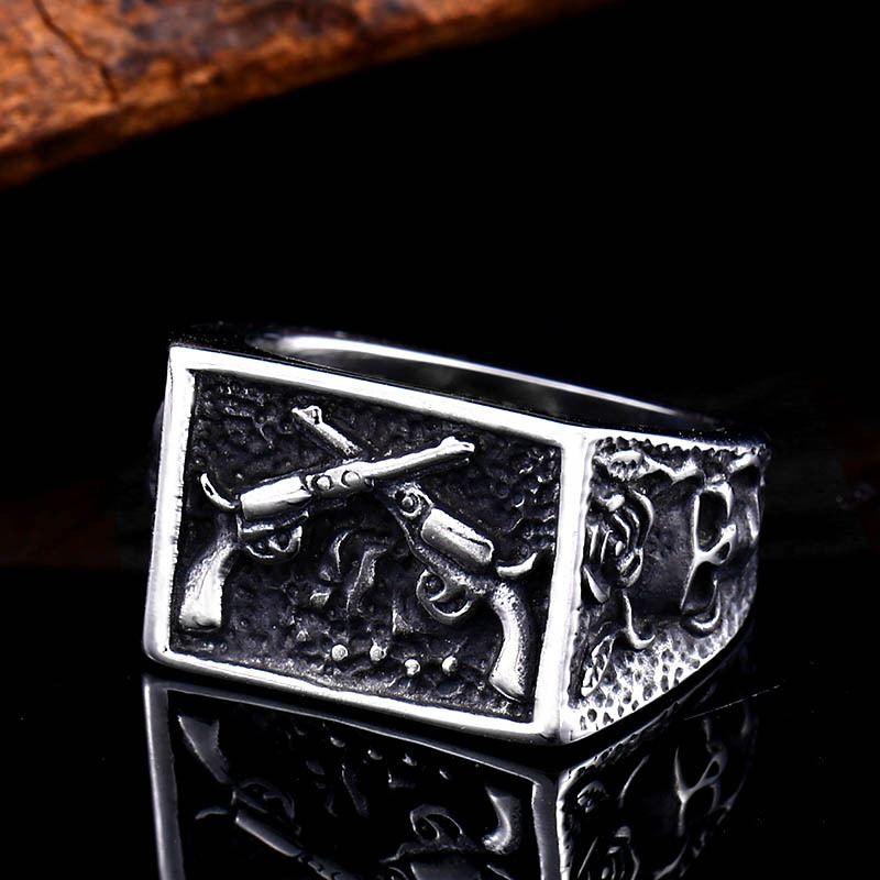 Domineering Double Gun Rose Skull Ring