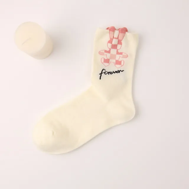Bow three dimensional flower cotton socks checkerboard rabbit Pink Checked Rabbit On White B - Shop at LoveMi