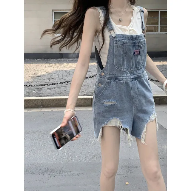 Women's All match Denim Overalls Shorts Washed Ripped Wide Leg Denim Blue - Shop at LoveMi