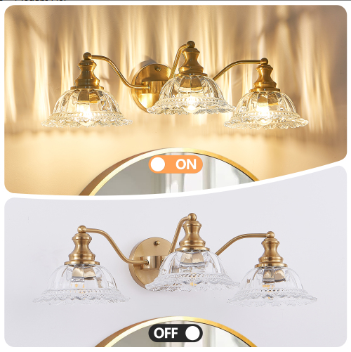 24″ Vintage 3-Light Bathroom Wall Sconce – Gold Metal & Glass Vanity Light - Image 6
