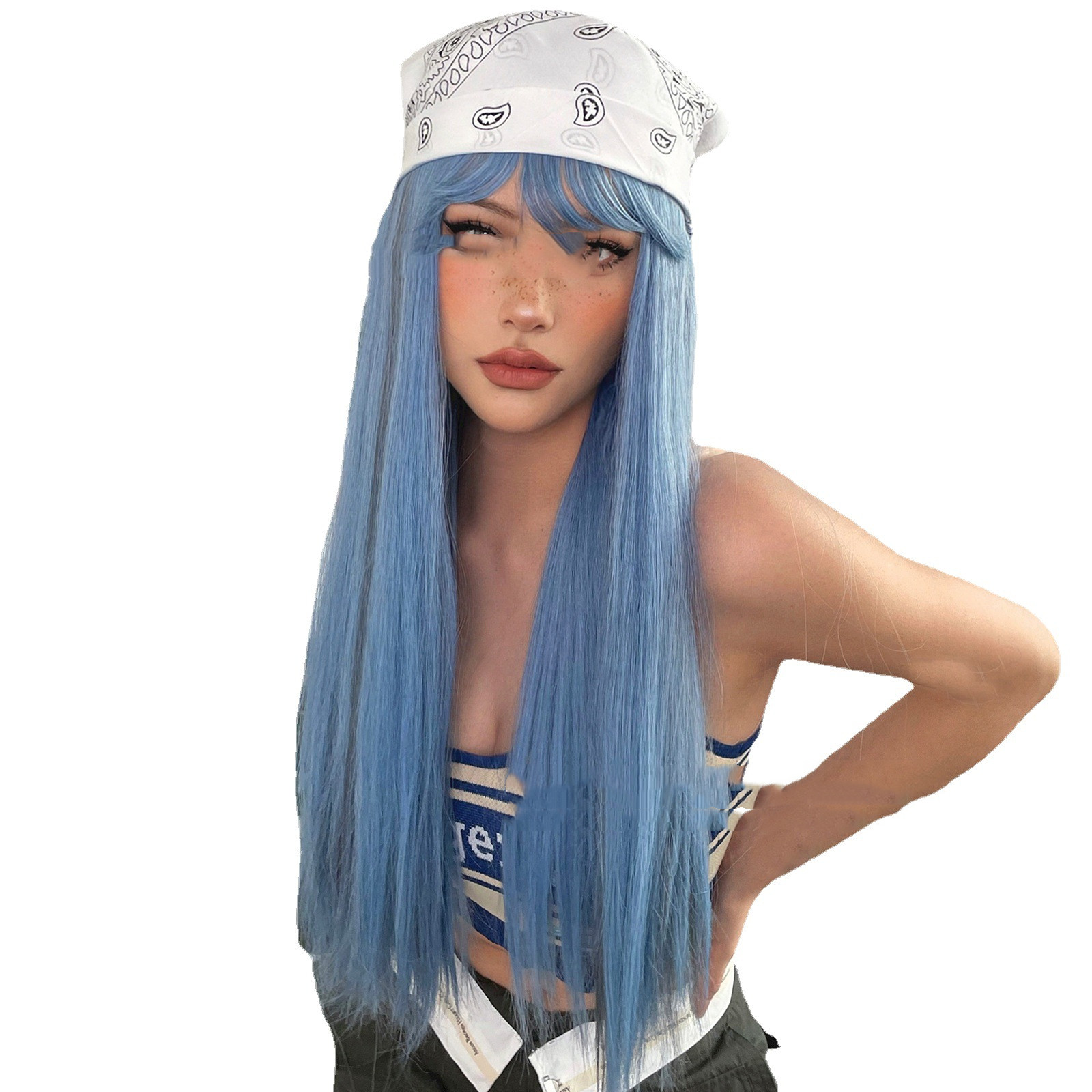 Title 4, Blue Natural Bangs Long Straight Hair Chemical ...