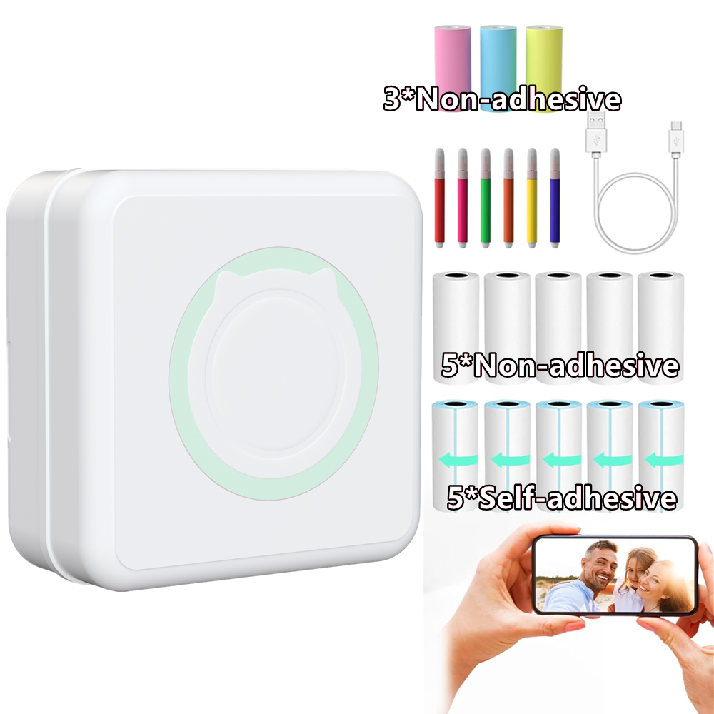 Bluetooth Inkless Mini Pocket Thermal Printer Sticker Photo Label Paper 6 Pens