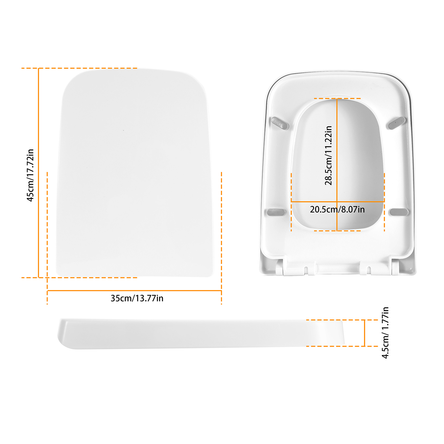 Square Toilet Seat With Grip-Tight Seat Bumpers Heavy-Duty Quiet-Close Quick-Release Easy Cleaning White