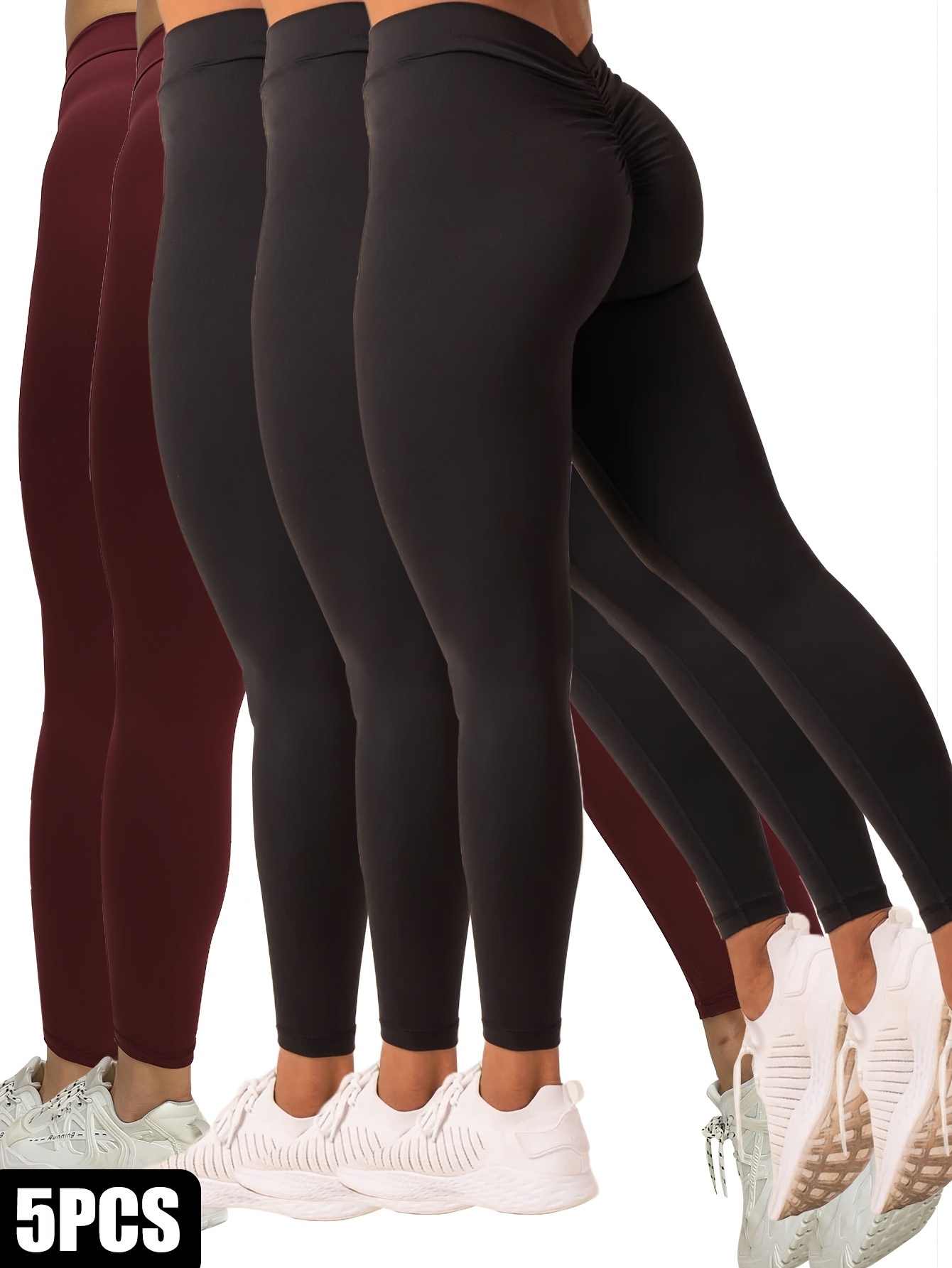 5 Pack Women’s Solid Color Hip-raising High-waisted V-back Waist Seamed Yoga Fit