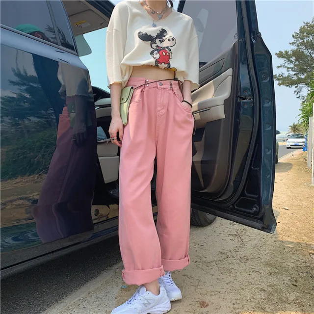 Women's Loose Fitting Straight Leg Jeans Pink - Shop at LoveMi