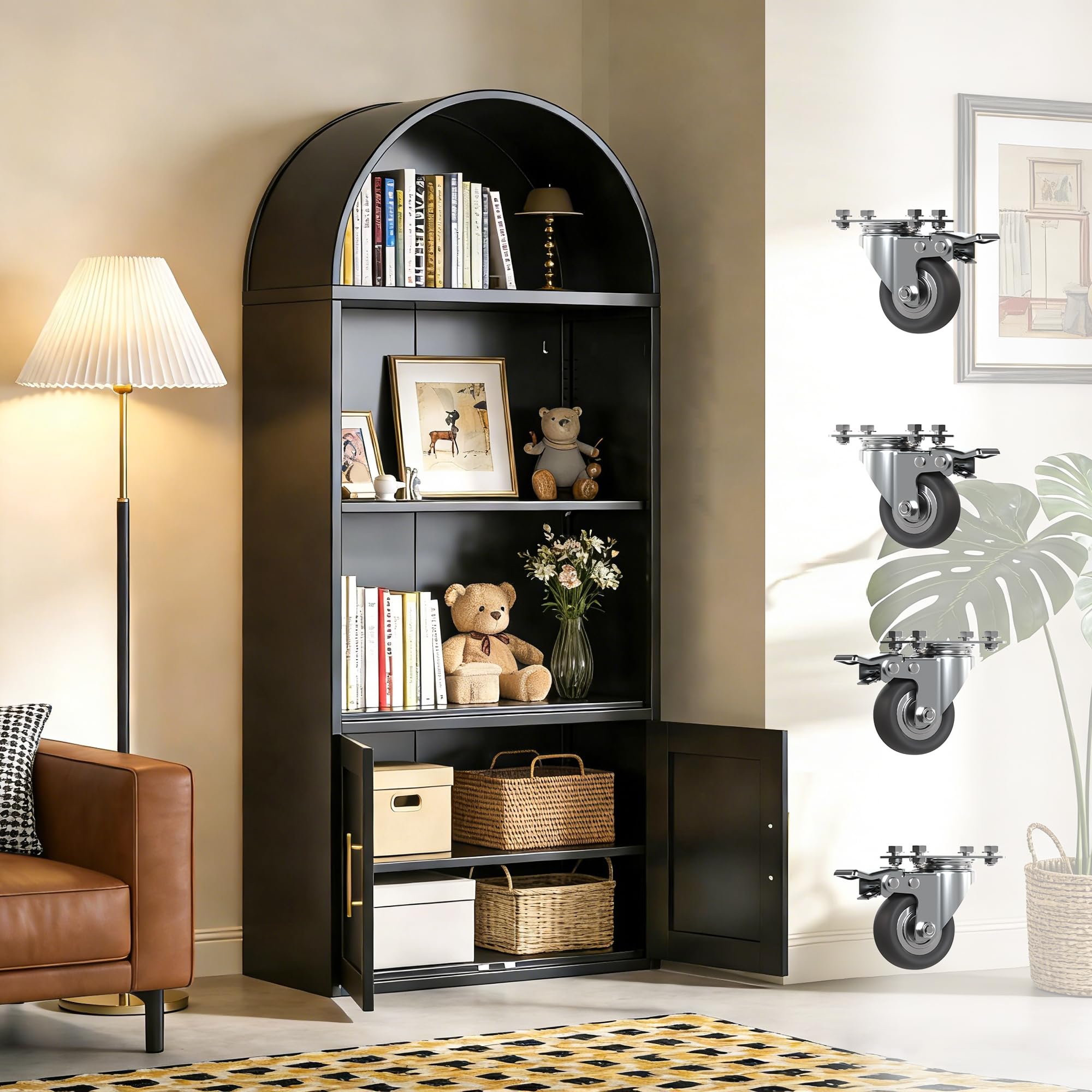 Metal Arched Bookcase With Wheels, Black Arched Bookshelf With 2 Adjustable Shelf For Home Office Living Room,Required Assembly