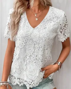 Women's Elegant White Lace V-Neck Blouse With Floral Cut-Out Detail Short Sleeve - White - View 1