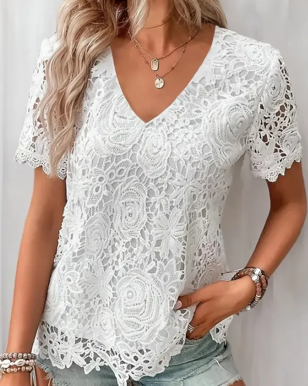 Women's Elegant White Lace V Neck Blouse With Floral Cut Out Detail Short Sleeve White - Shop at LoveMi