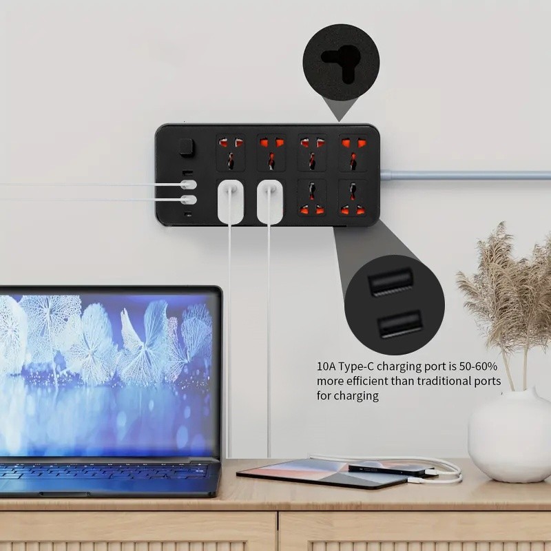 Extension Lead Cable Electric Mains Power 8 Gang 3 USB 1 Type-C Port Plug Socket 7