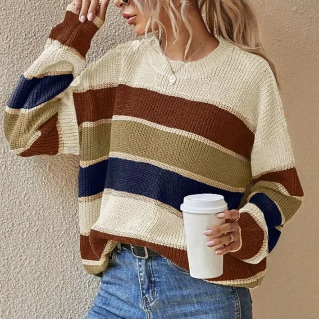 Women's Striped Color Block Sweater, Cute Crewneck Pullover Top, Fall Winter Fashion Knitwear Apricot - Shop at LoveMi