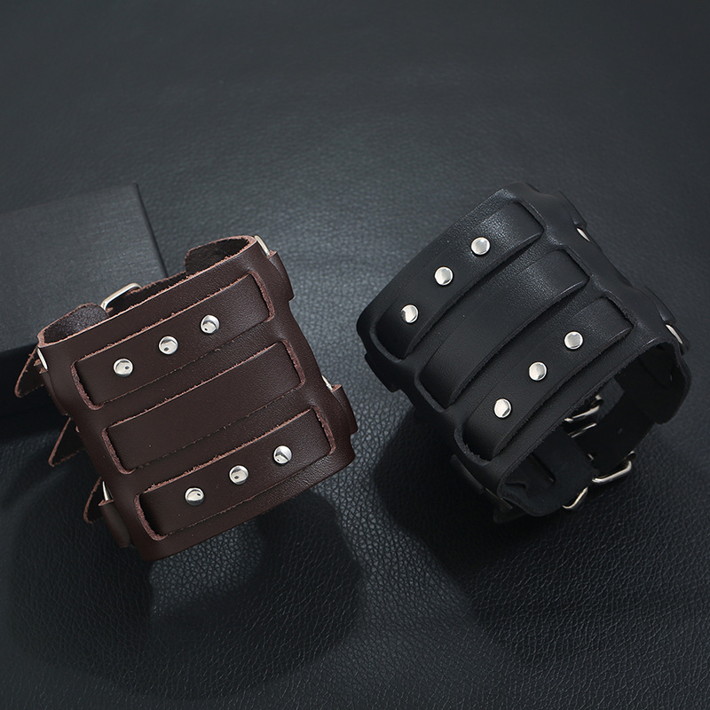 Title 3, Studded Punk Wide Leather Leather Bracelet Exag...