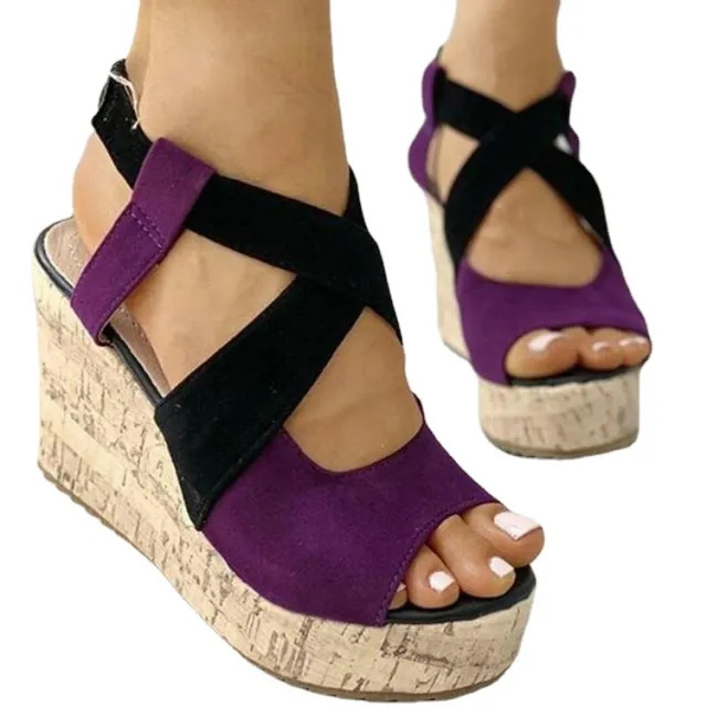 Fish Mouth European And American Style Sleeve High Heel Wedge Sandals Purple - Shop at LoveMi