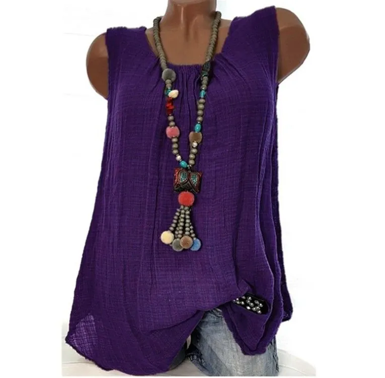 Casual Round Neck Solid Color Sleeveless Vest T-shirt - Purple
