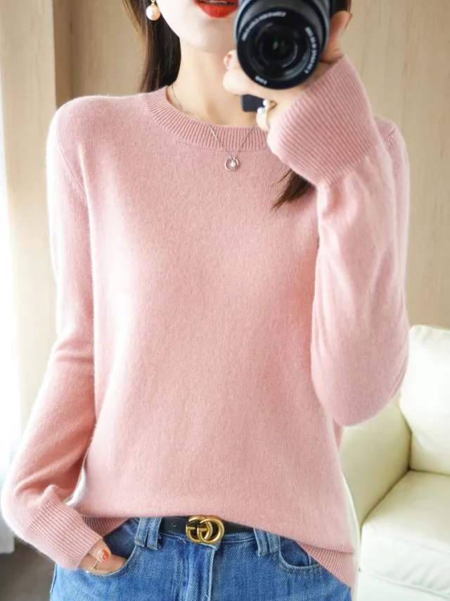 Wool Blended New Women's Loose Round Neck Solid Sweater Leather Pink - Shop at LoveMi