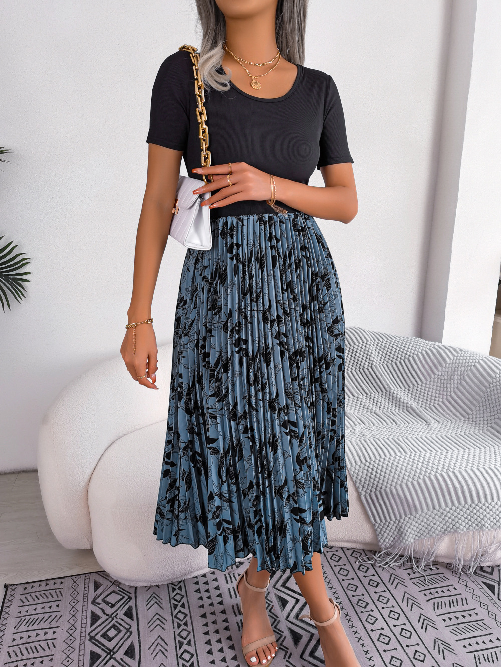 Women   Casual Leaf Print High Waist Pleated Midi Dress