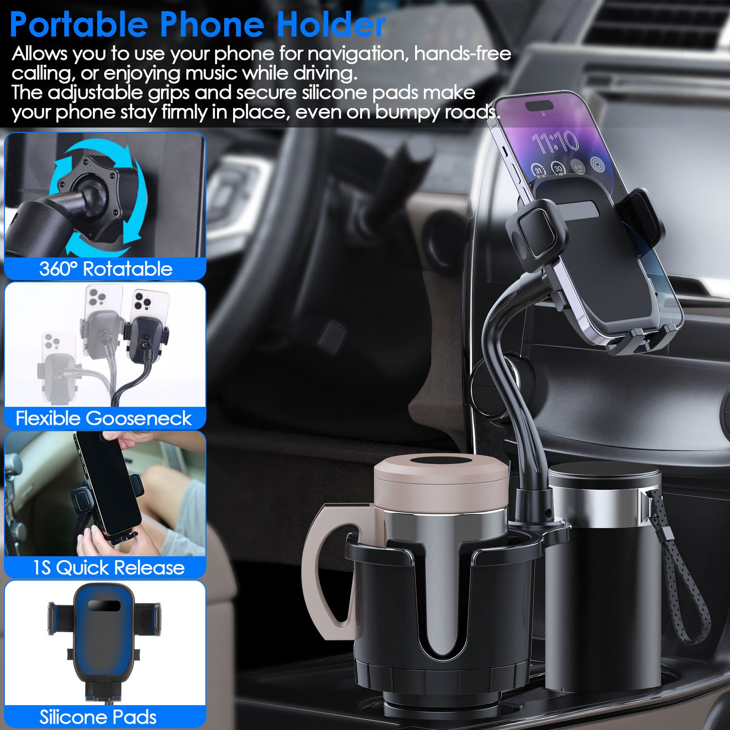 1Pc 2 In 1 Car Cup Phone Holder Automotive Drink Holder With 360 Degree Rotating Gooseneck Phone Mount Adjustable Base Fit For Most Phones Cups Vehicles - Image 4