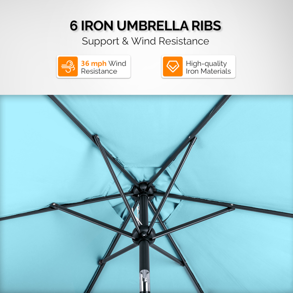 9ft Patio Umbrella, Outdoor Market Umbrella With Push Button Tilt, Crank Handle, 6 Sturdy Iron Ribs, UPF Waterproof Polyester Canopy, KD Design For Garden, Deck, Backyard, Poolside, Sky Blue - Image 23