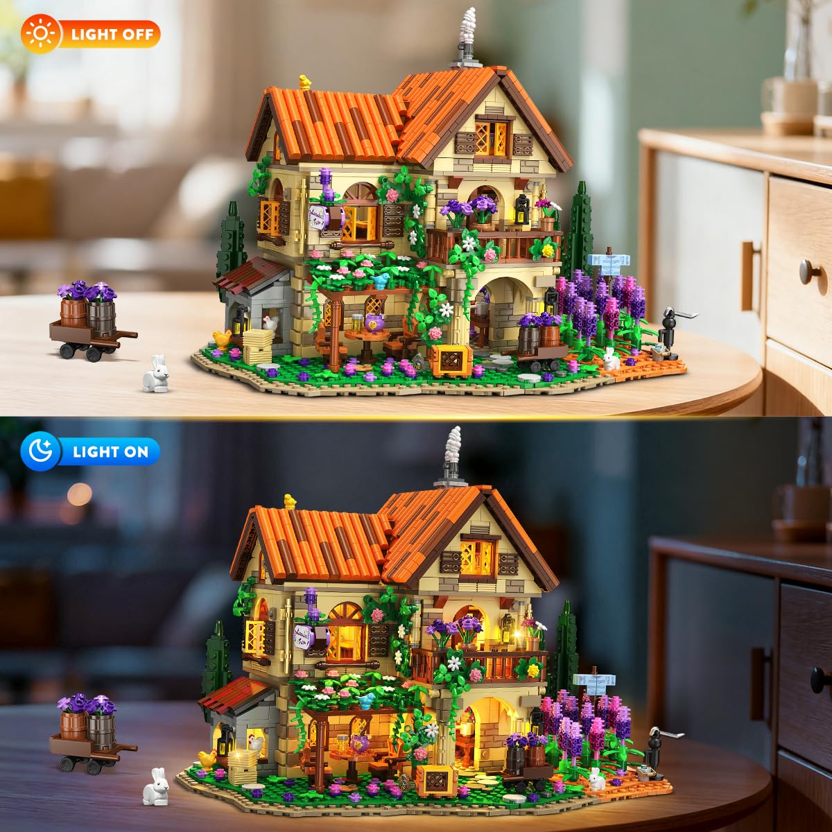 Lavender Manor House Building Set With Lights, 1960 PCS Lavender Estate Construction Model Home Decor, Romantic Lavender Flowers Cottage Building Block Kit Gift For Adults Teens Boys Girls — foto 3