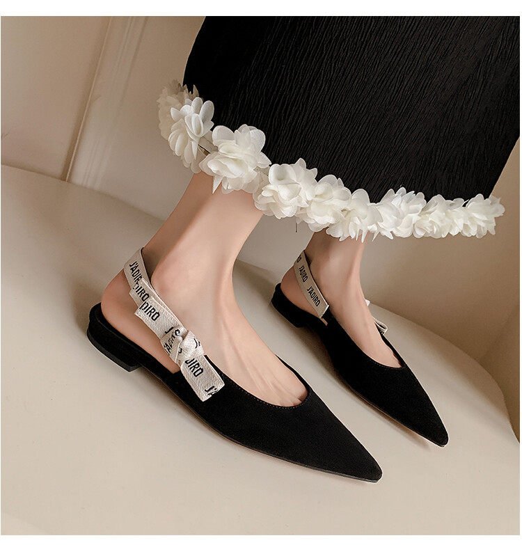 Women Genuine Leather Closed Toe Backless Flat Sandals, Pointed Toe Bow Style Pumps New Summer product image